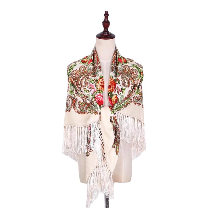 Châle Russe Beige et Rouge Floral 130x130cm