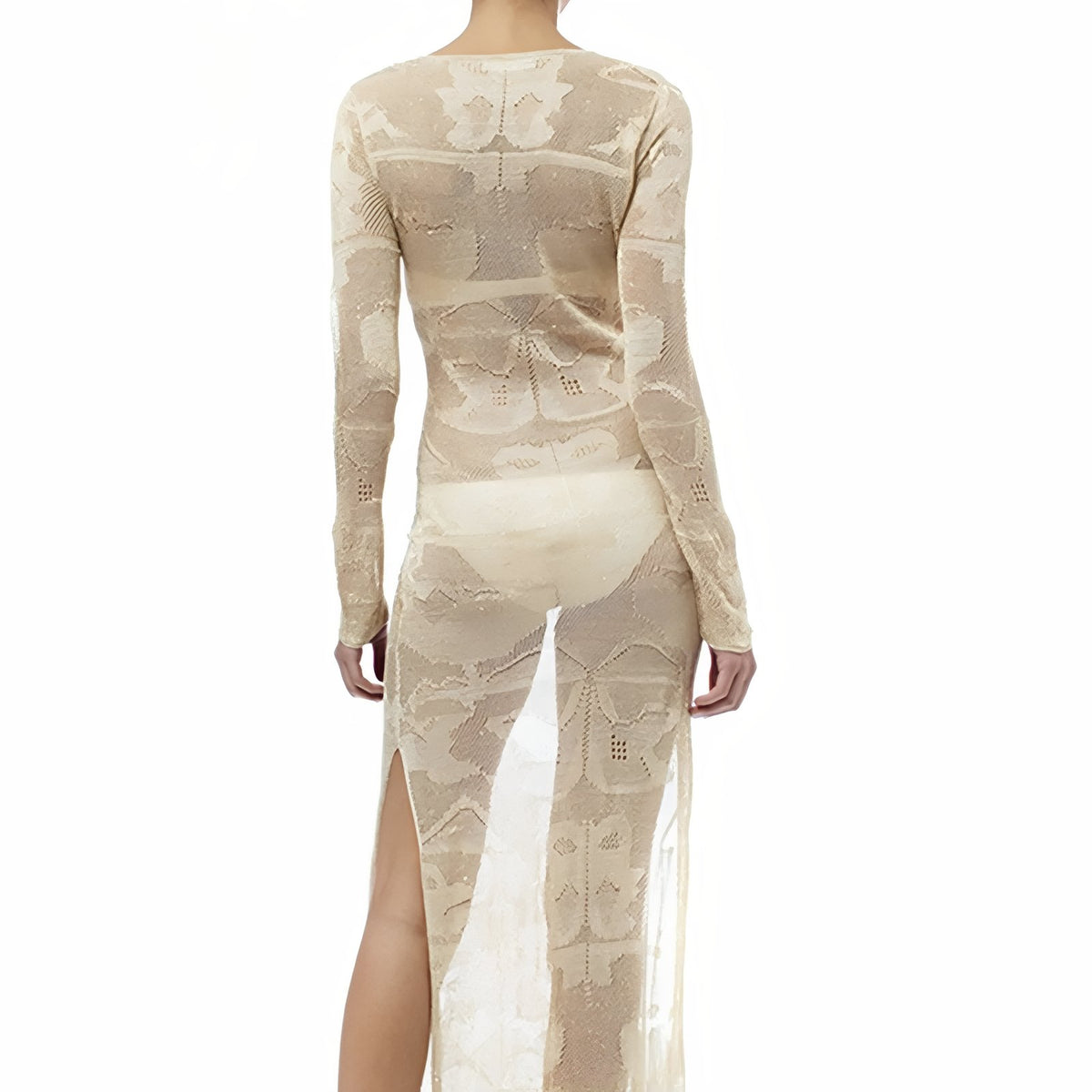 Robe Paréo Longue et Transparente Tricot vue arrière portée - Beige - Noir - Blanc