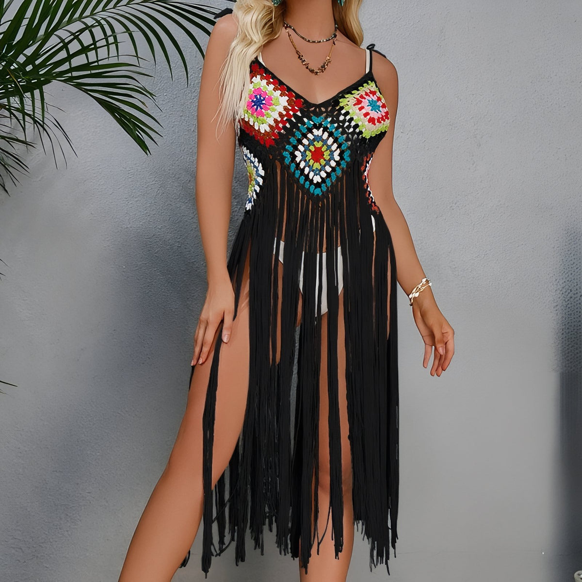 Robe Crochet avec Franges Fendue portée avec franges - Beige - Noir - Blanc