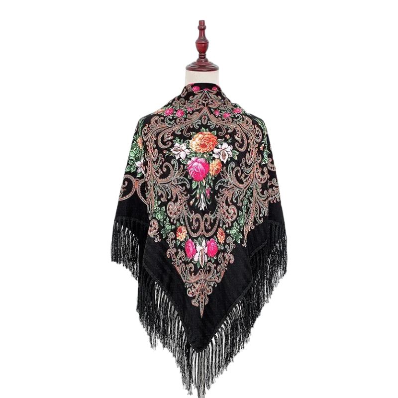 Châle Russe Noir et Rose Fuchsia 130x130cm