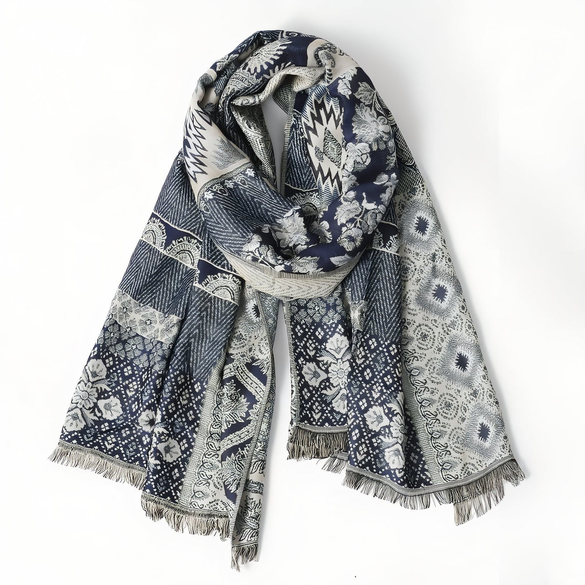 Chèche Motifs Ethniques Bleu Noir - Bleu Marine et Gris Clair - 65*180cm