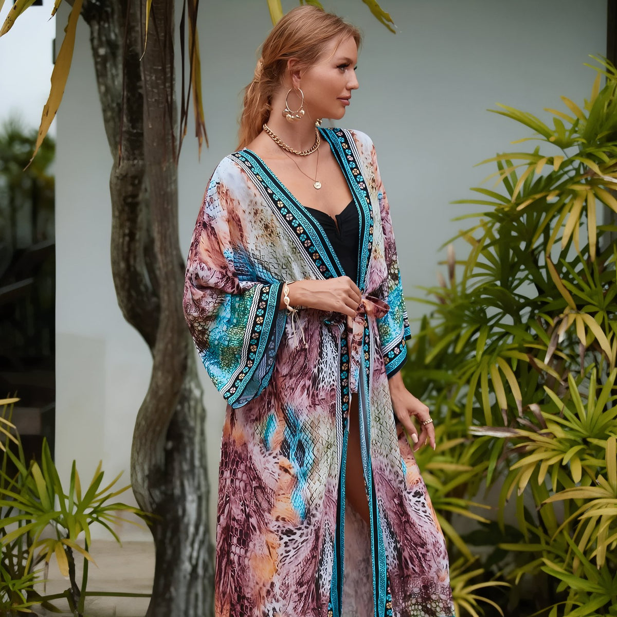 Kimono de Plage Grande Taille Imprimé Eté portée à la main - Paisley Coloré - Feuilles vertes - Beige - Multicouleurs - Bleu Azur - Turquoise - Aigle Sauvage - Noir - Formes géométriques - Rouge et Bleu - Fuchsia Tie Dye