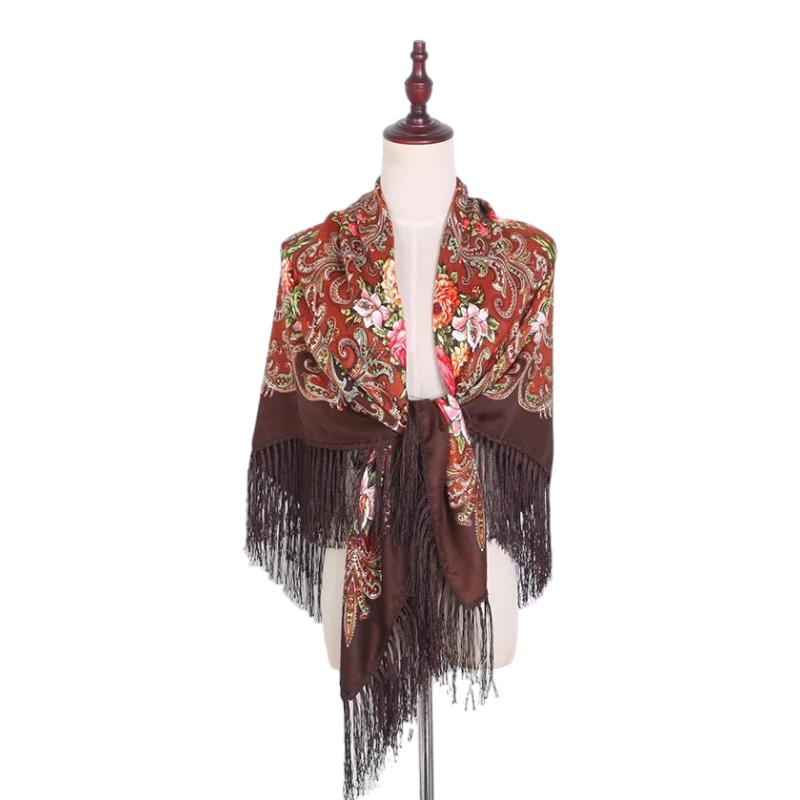 Châle Russe Marron et Rose Pâle 130x130cm