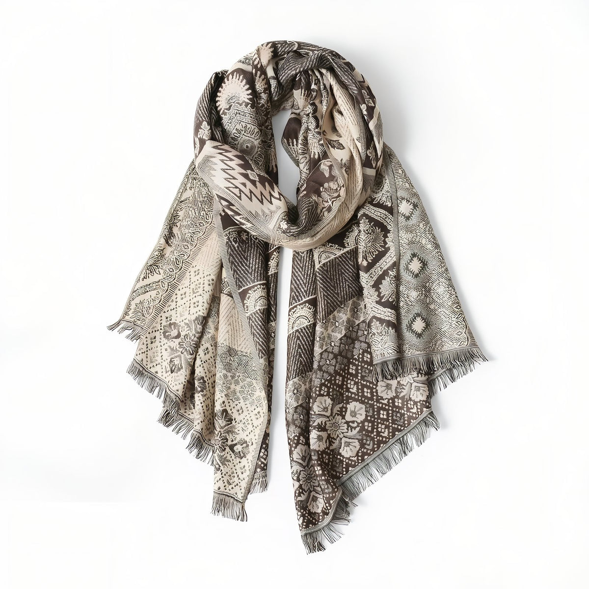 Chèche Motifs Ethniques Bleu Noir - Beige et Marron - 65*180cm