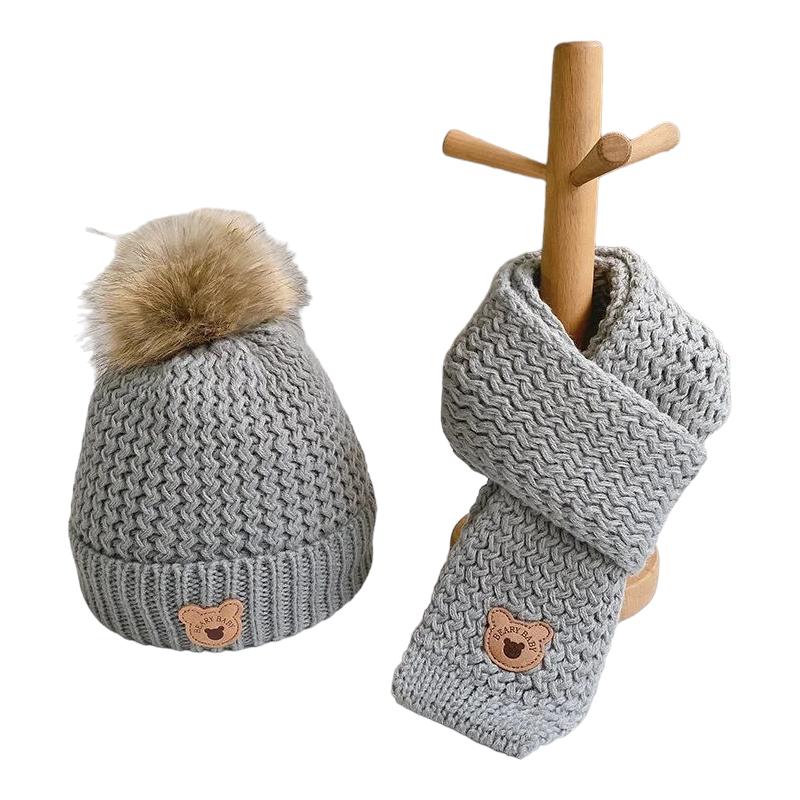 Bonnet et Echarpe Enfant Garçon Gris Clair et Beige 6-36 mois / 45-53 cm