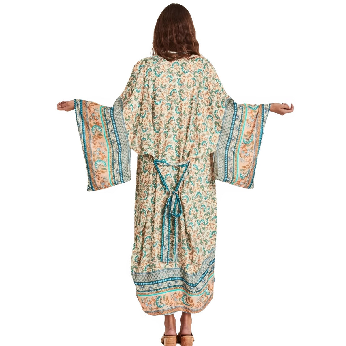 Kimono de Plage à Ceinture Bohemian Style mise en scène portée - Rouge - Vert