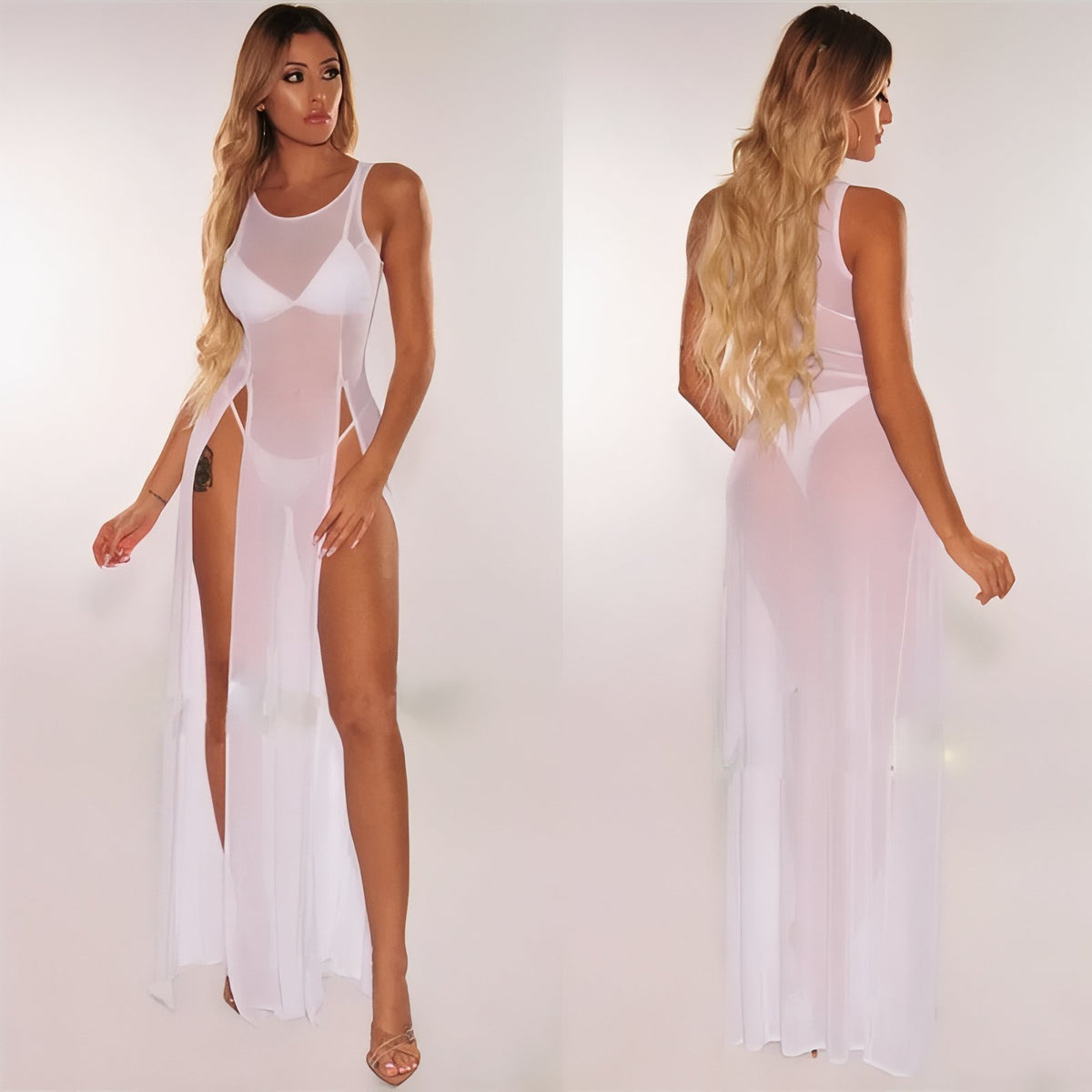 Robe de Plage Fendue Transparente portée sur modèle - Fuchsia - Blanc - Orange - Noir