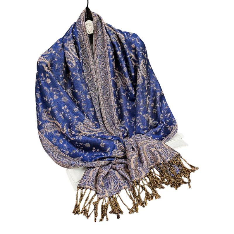 Foulard Motif Ethnique Bleu Marine et Beige 70x190cm