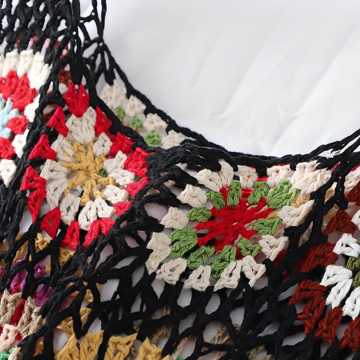 Robe de Plage en Crochet Ajourée Colorée gros plan crochet coloré - Noir (long) - Noir (court) - Beige - Blanc (long) - Blanc (court)