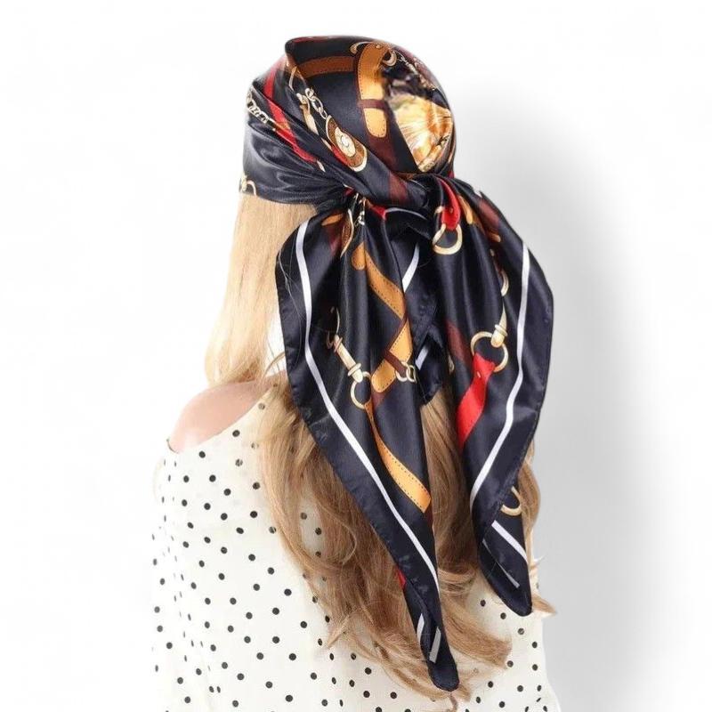 Foulard pour Cheveux Carré Bleu Marine et Ivoire 90*90cm