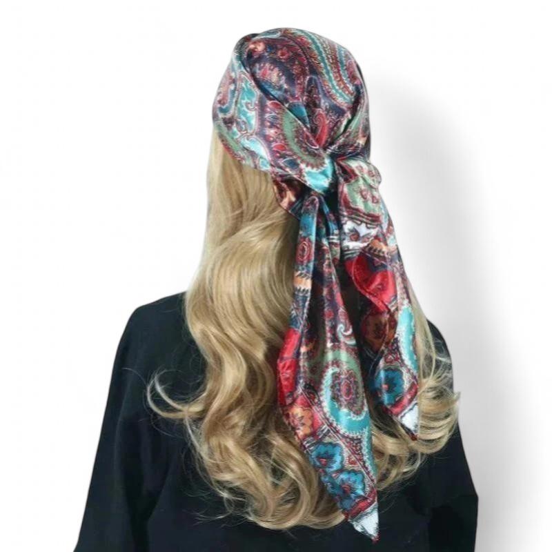 Foulard pour Cheveux Carré Rouge et Turquoise 90*90cm