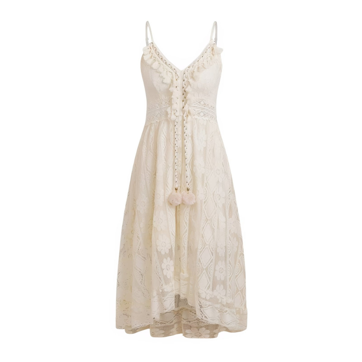 Robe Bohème Longue Col V Bas Asymétrique Bretelles - Beige