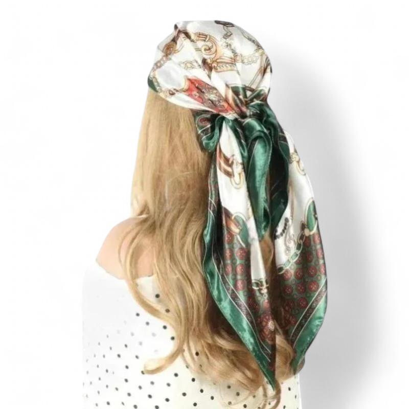 Foulard pour Cheveux Carré Vert Émeraude et Blanc Cassé 90*90cm