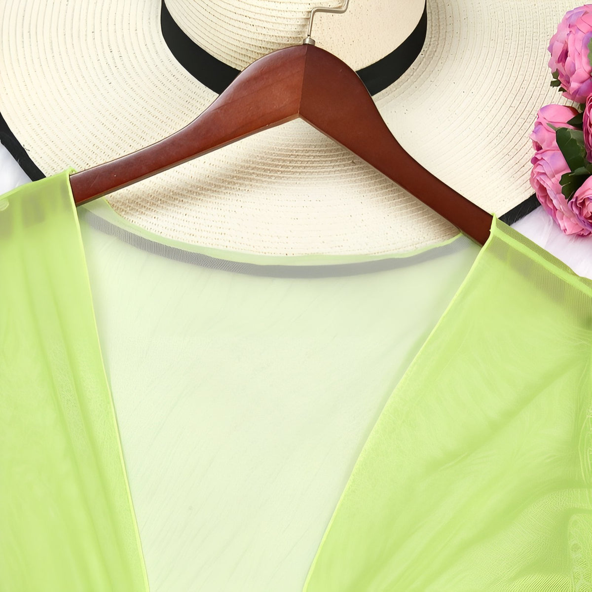 Longue Robe Kimono de Plage Transparente Flashy chapeau et fleurs - Jaune et Rose
