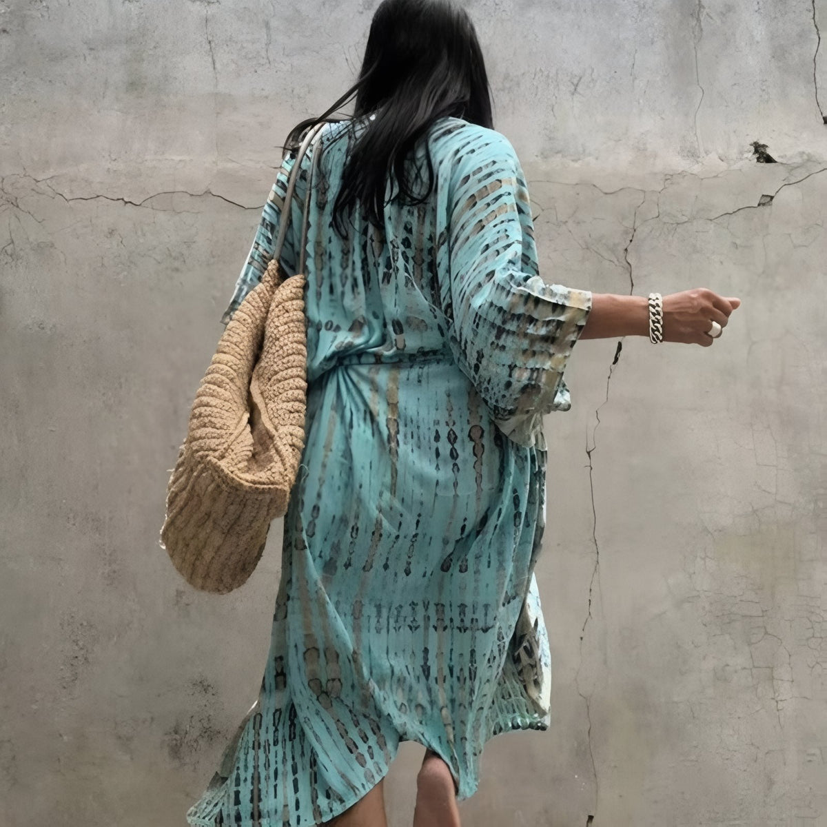 Kimono de plage Imprimé Ligné portée avec sac - Noir - Vert Armée - Vert Intense - Bleu Marine - Bleu Ciel - Vert Emeraude - Bleu Cyan - Rouge - Jaune