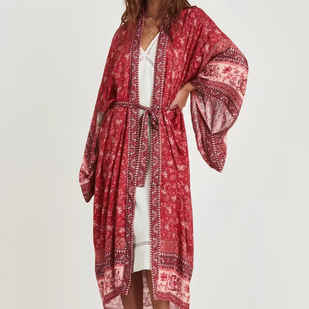 Kimono de Plage à Ceinture Bohemian Style portée avec ceinture - Rouge - Vert