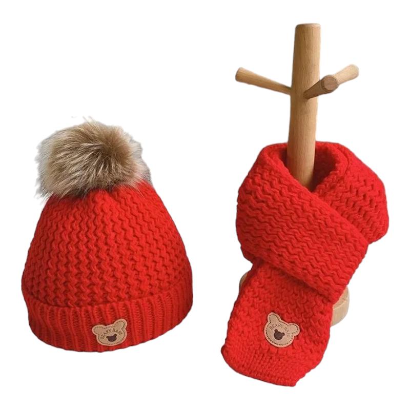 Bonnet et Echarpe Enfant Garçon Rouge et Beige 6-36 mois / 45-53 cm