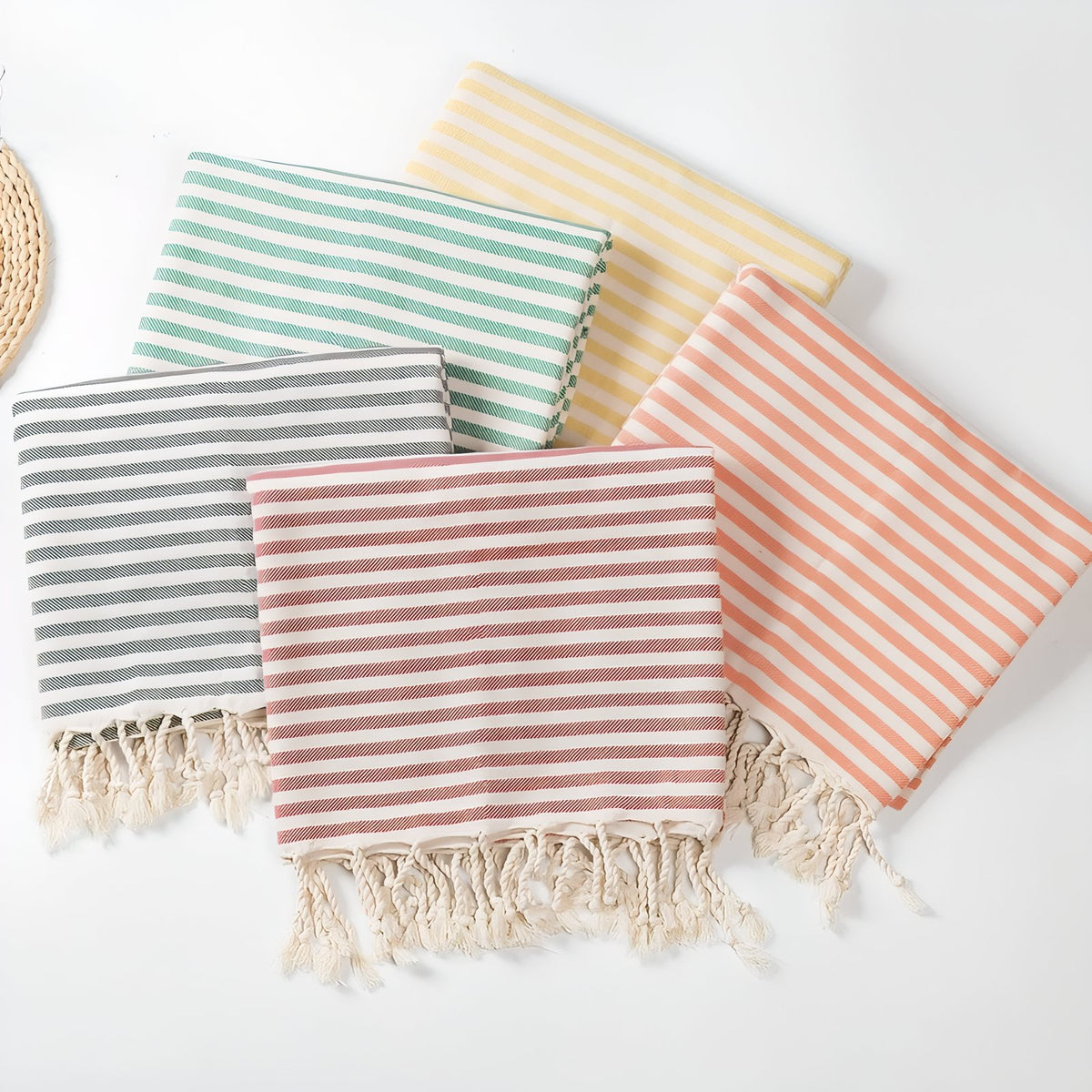 Fouta de Plage Coton cinq articles alignés - Vert - Jaune Vif - Bleu - Jaune Clair - Bleu Marine - Orange - Noir - Rouge