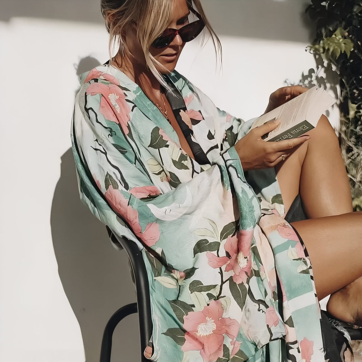 Kimono de Plage Manches Larges Effet Floral portée en extérieur - Vert