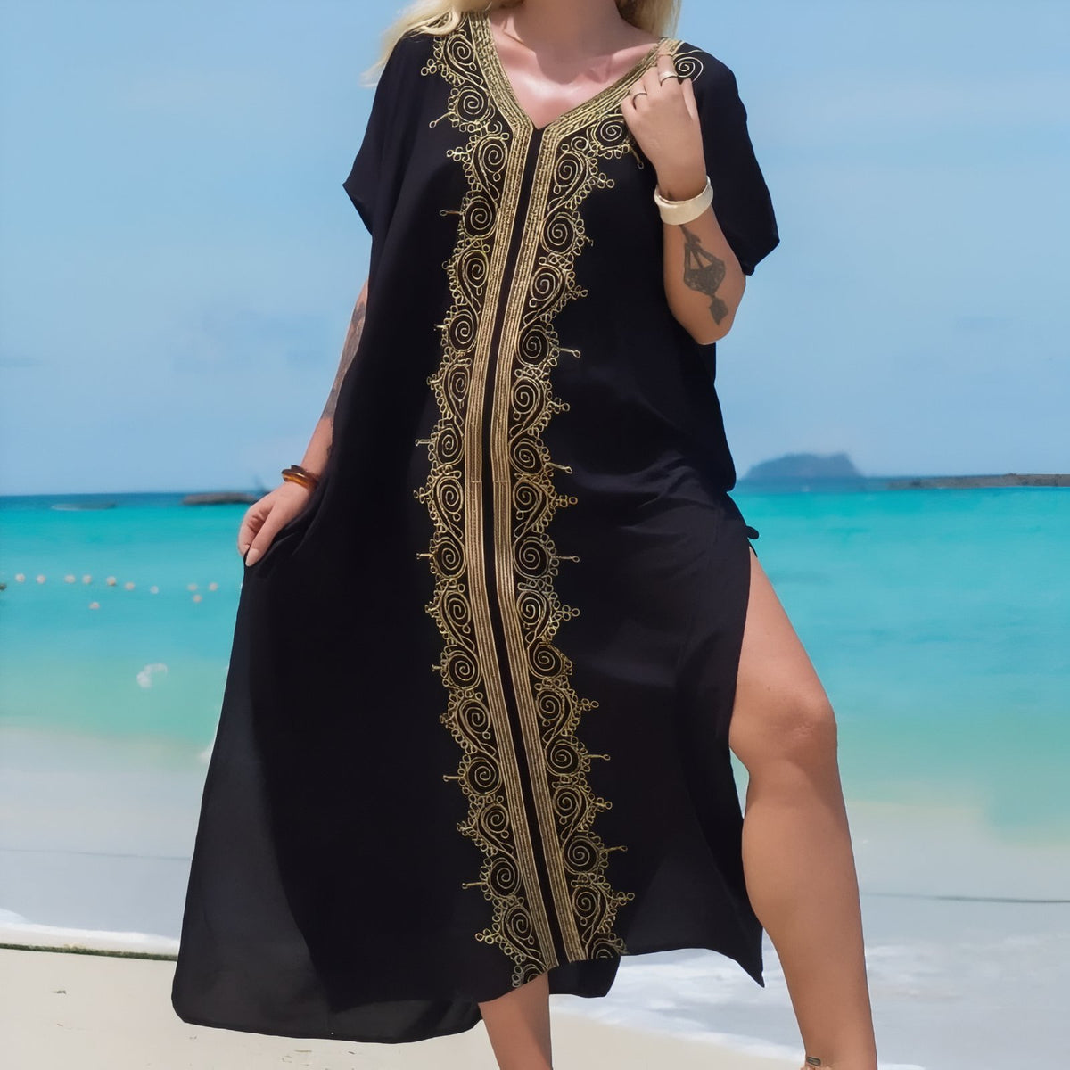 Paréo Caftan pour femme Style Oriental - Noir et Doré 3 - Unique