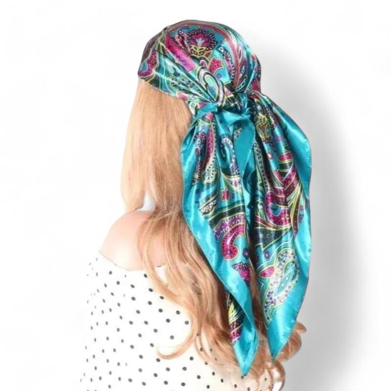 Foulard pour Cheveux Carré Turquoise et Fuchsia 90*90cm