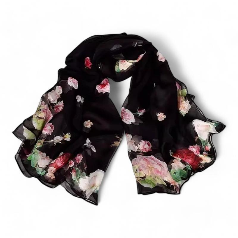 Foulard Femme Soie Imprimée Noir et Rose 175*52cm