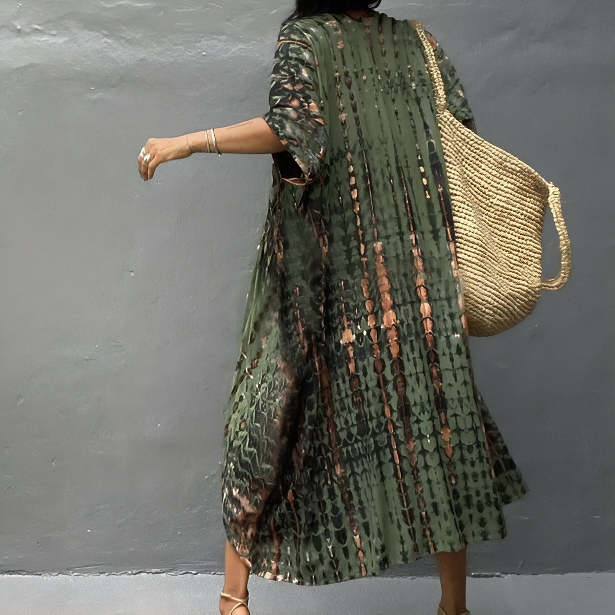 Kimono de plage Imprimé Ligné portée avec sac - Noir - Vert Armée - Vert Intense - Bleu Marine - Bleu Ciel - Vert Emeraude - Bleu Cyan - Rouge - Jaune