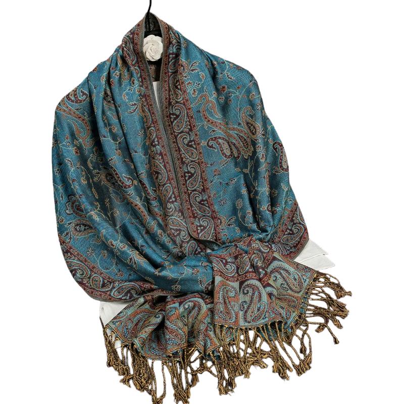 Foulard Motif Ethnique Bleu Canard et Rouge Brique 70x190cm