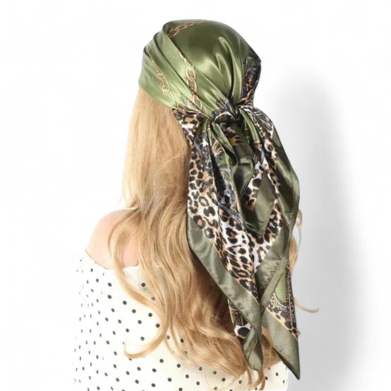 Foulard pour Cheveux Carré Vert Olive et Léopard 90*90cm
