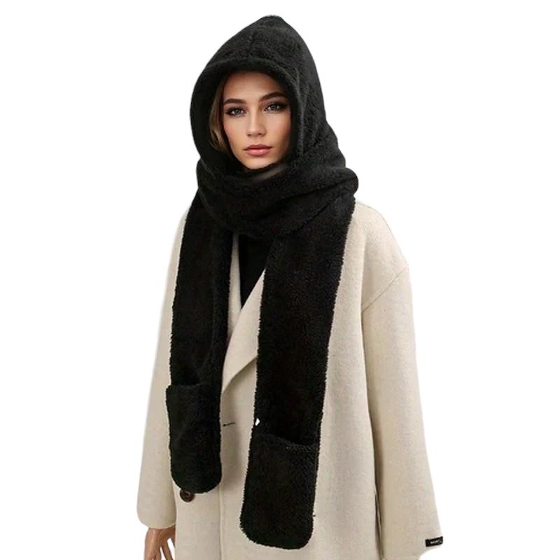 Capuche Echarpe Polaire Femme Noir 220x10cm
