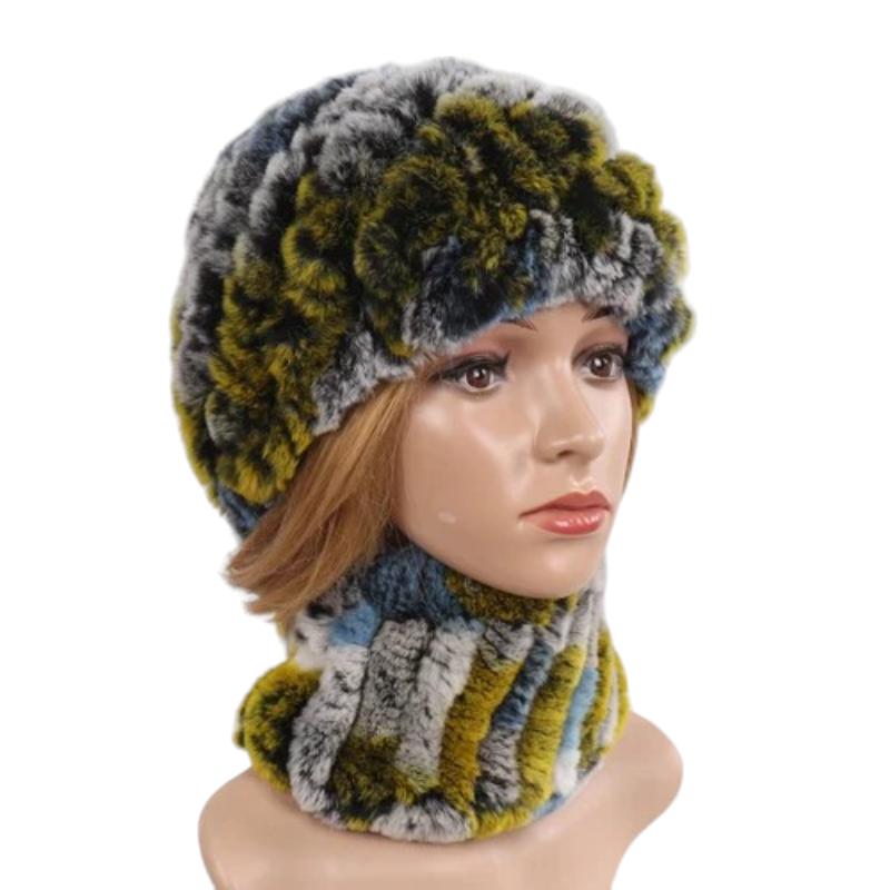 Parure Snood et Bonnet Femme Vert Olive et Jaune Moutarde 