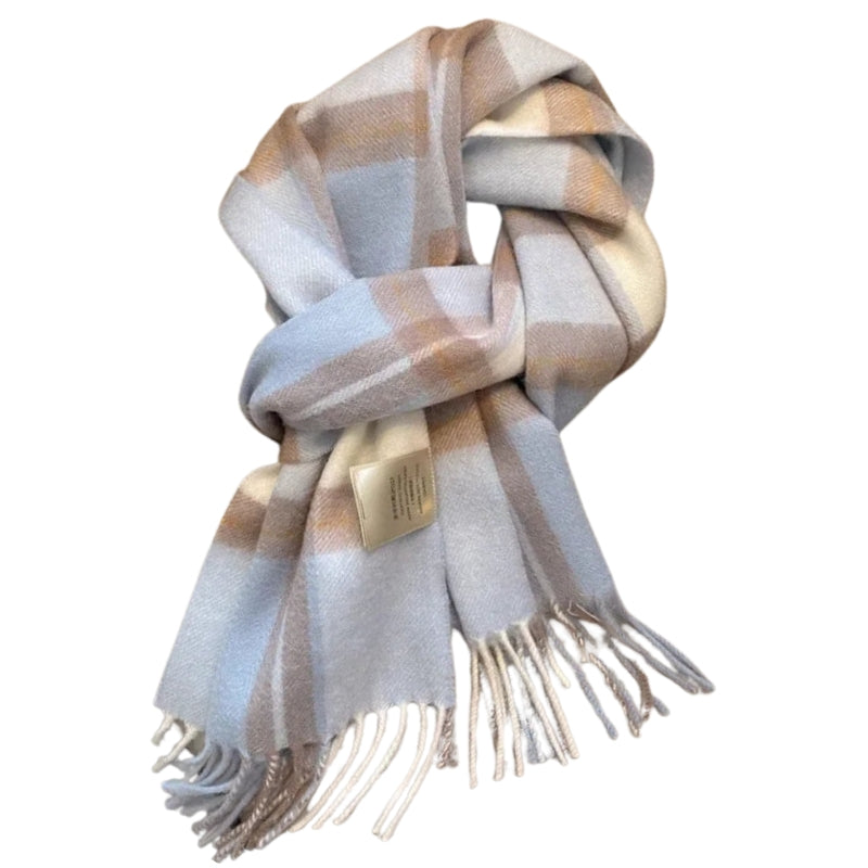Echarpe en Laine à Carreaux Bleu Ciel et Marron 180-32cm