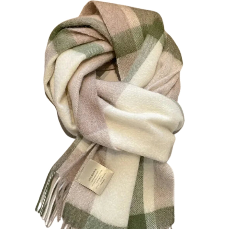 Echarpe en Laine à Carreaux Vert et Beige 180-32cm