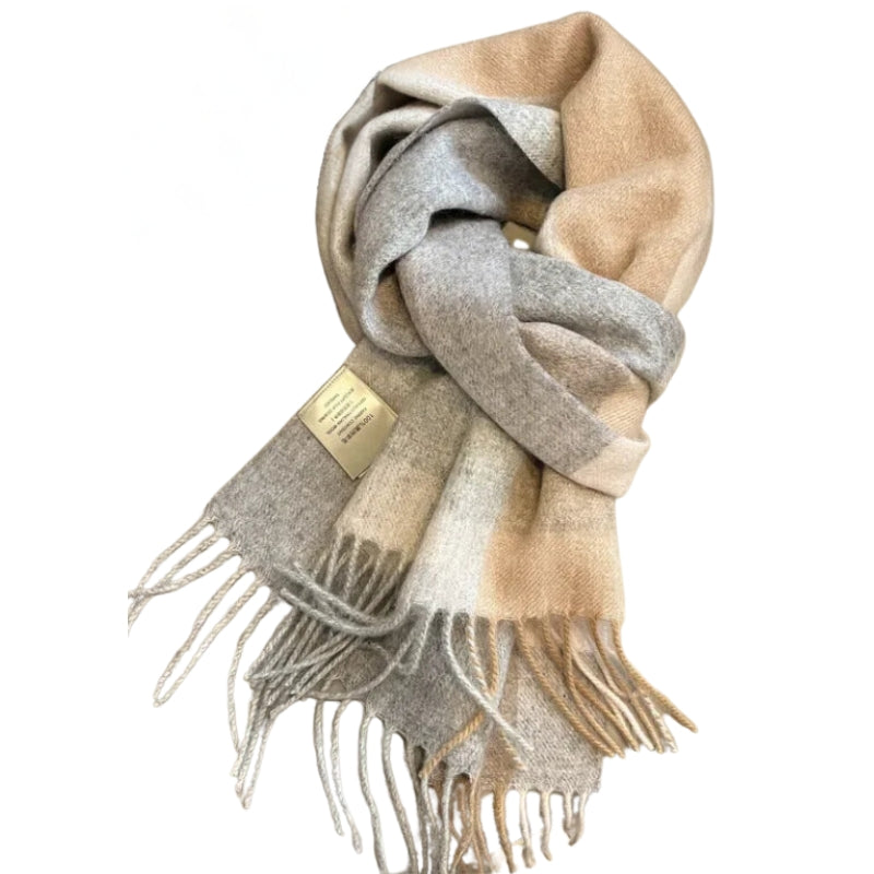 Echarpe en Laine à Carreaux Gris et Beige 180-32cm