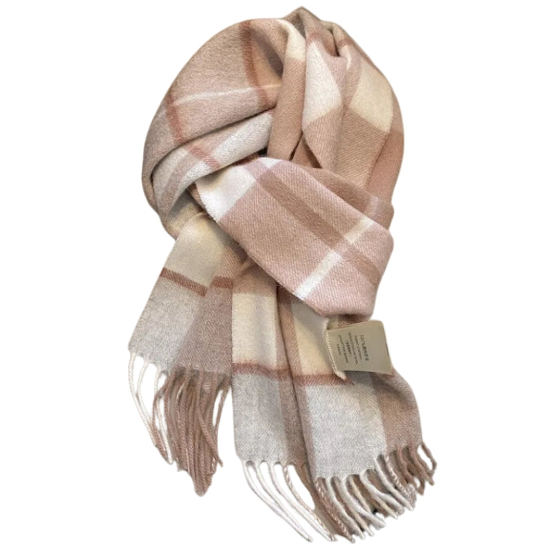 Echarpe Laine à Carreaux Femme Beige Rosé 180-32cm
