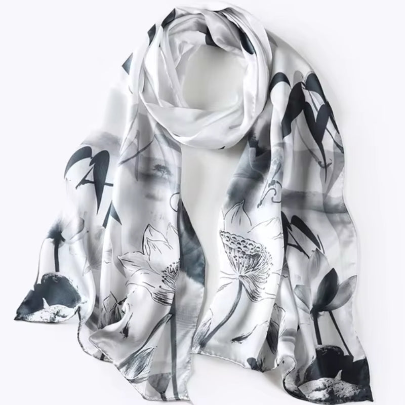 Écharpe Soie Femme Tendance Gris et Noir 172*55cm