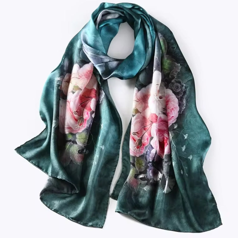 Écharpe Soie Femme Tendance Vert Émeraude et Rose Pâle 172*55cm