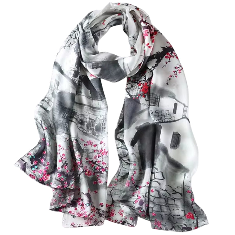 Écharpe Soie Femme Tendance Gris et Rose Fuchsia 172*55cm