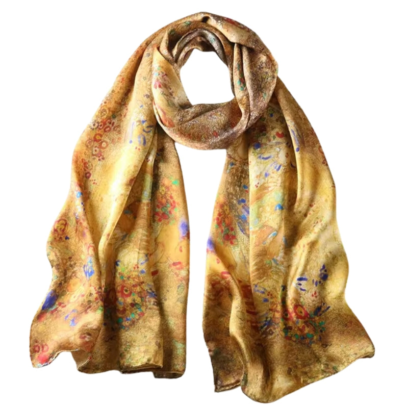 Écharpe Soie Femme Tendance Jaune Doré et Bleu Ciel 172*55cm