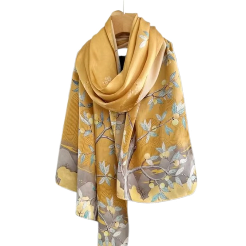 Foulard Soie Femme Luxe Jaune Moutarde et Beige 175*52cm