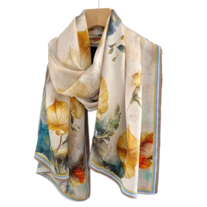 Foulard Soie Femme Luxe Ivoire et Bleu 175*52cm