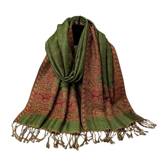 Châle Ethnique Vert Olive et Rouge Brique 70x190cm
