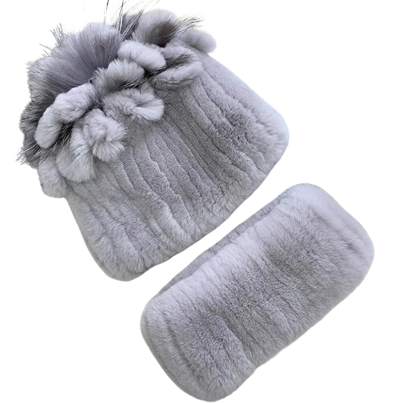 Bonnet Echarpe Fourrure Femme Gris Clair 