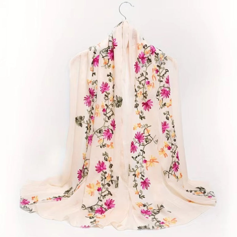 Foulard Fleuri Femme Ivoire et Fuchsia 90x180cm