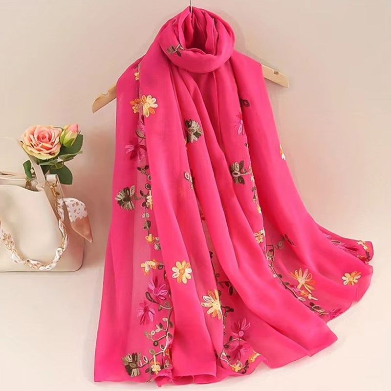 Foulard Fleuri Femme Rose Fluo et Jaune Pâle 90x180cm