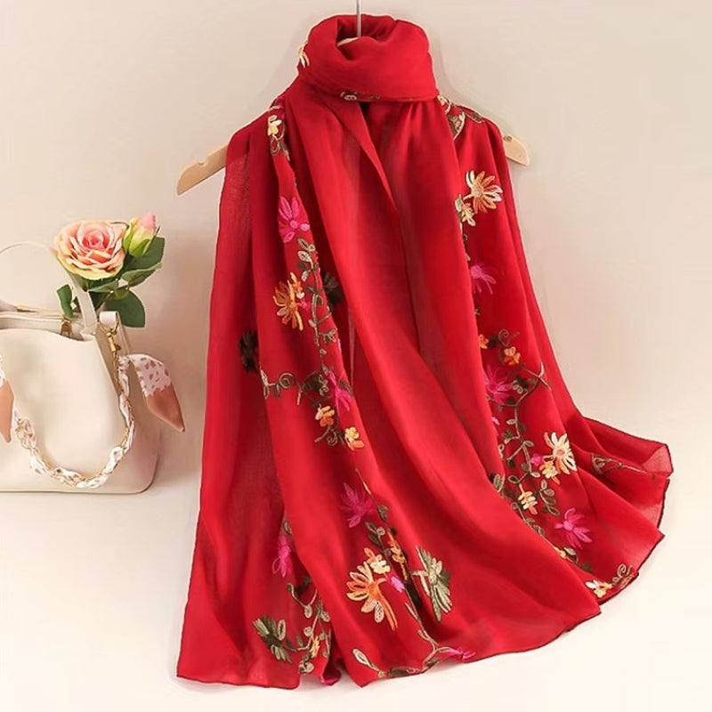 Foulard Fleuri Femme Rouge Cerise 90x180cm