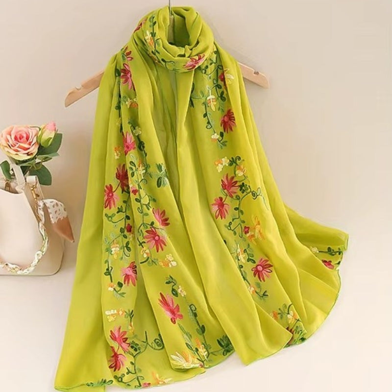 Foulard Fleuri Femme Vert Pomme et Rose Fuchsia 90x180cm