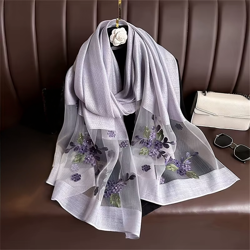 Foulard Brodé Fleurs - Lilas - 180*70cm