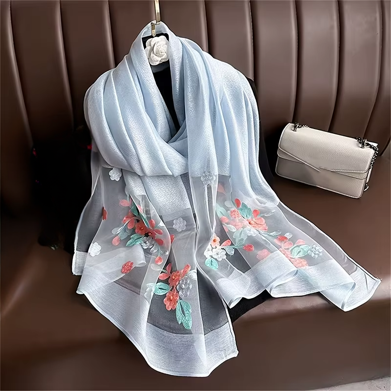 Foulard Brodé Fleurs - Bleu - 180*70cm