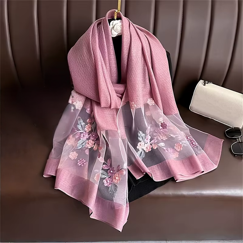Foulard Brodé Fleurs - Violet - 180*70cm